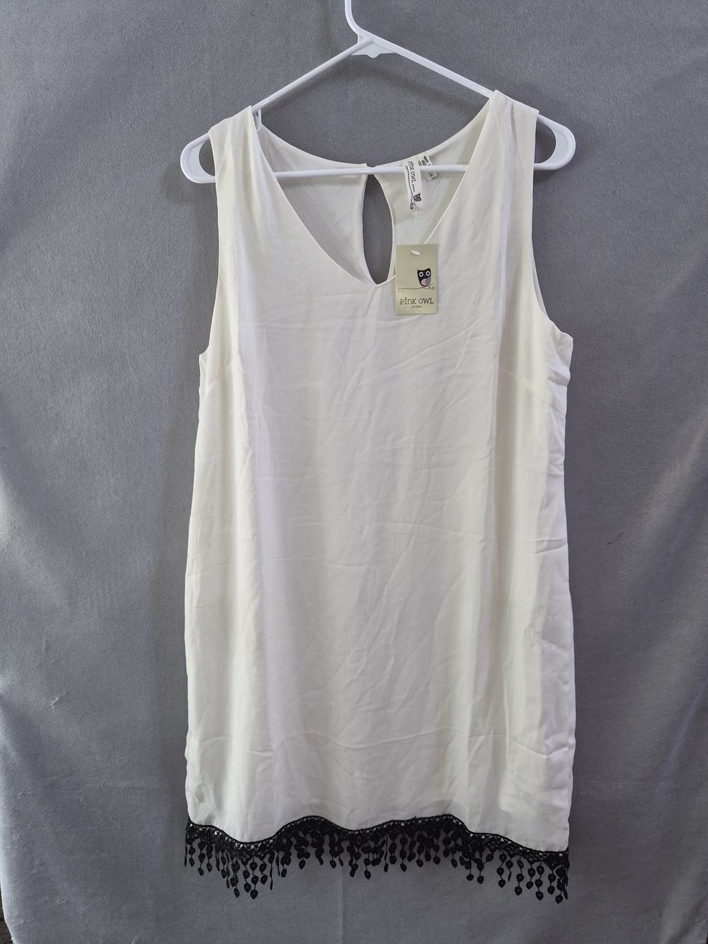Pink Owl Ivory Sleeveless Tunic with Black Fringe Trim Size Large